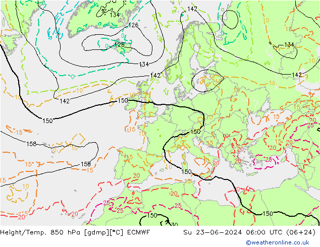 Hoogte/Temp. 850 hPa ECMWF zo 23.06.2024 06 UTC