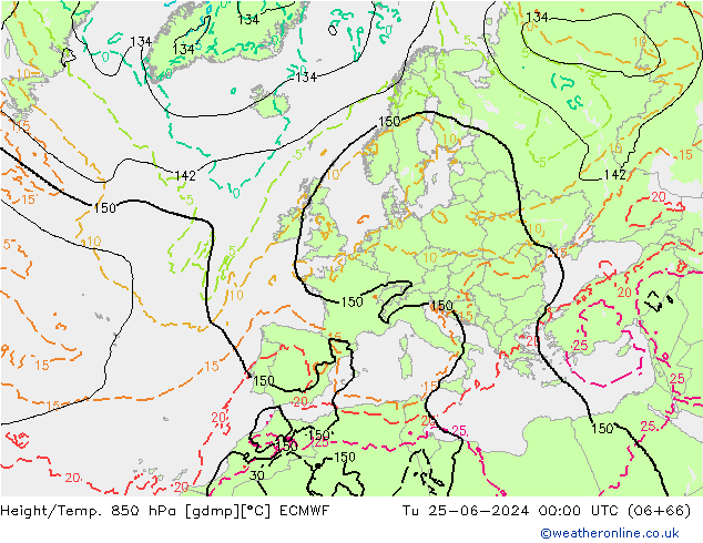 Geop./Temp. 850 hPa ECMWF mar 25.06.2024 00 UTC