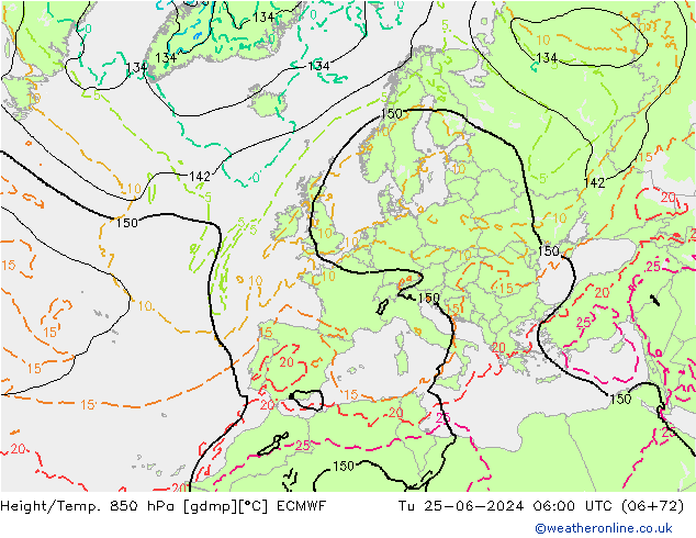 Z500/Rain (+SLP)/Z850 ECMWF wto. 25.06.2024 06 UTC