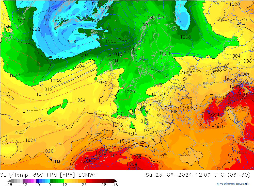 SLP/Temp. 850 hPa ECMWF Dom 23.06.2024 12 UTC