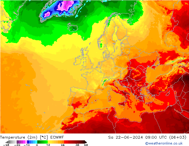 Temperaturkarte (2m) ECMWF Sa 22.06.2024 09 UTC