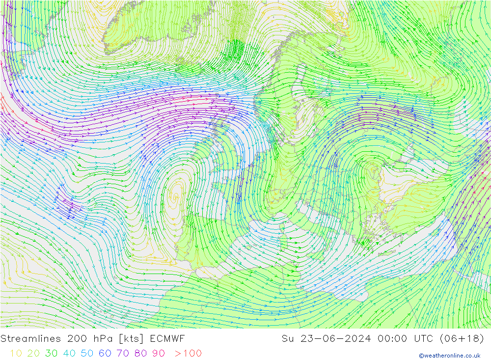 Linia prądu 200 hPa ECMWF nie. 23.06.2024 00 UTC