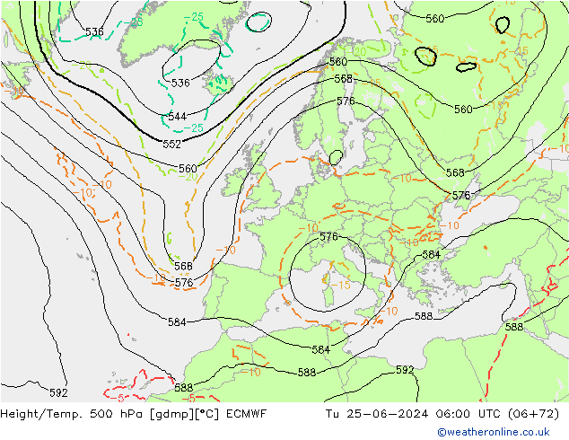 Z500/Rain (+SLP)/Z850 ECMWF wto. 25.06.2024 06 UTC