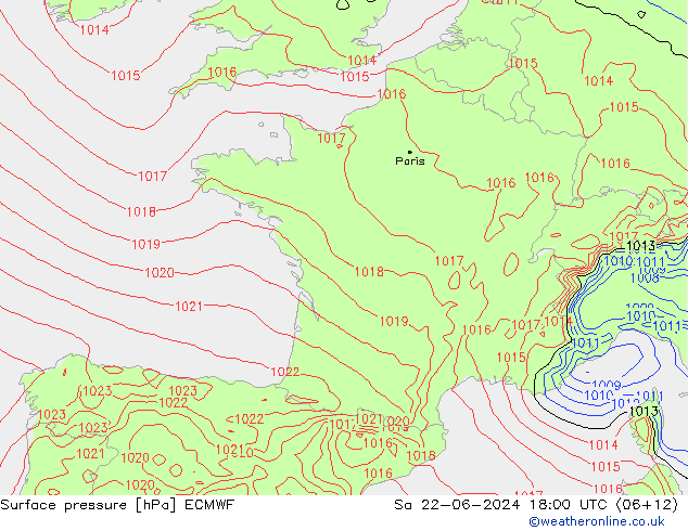 Surface pressure ECMWF Sa 22.06.2024 18 UTC