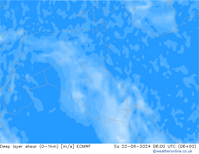 Deep layer shear (0-1km) ECMWF sab 22.06.2024 06 UTC