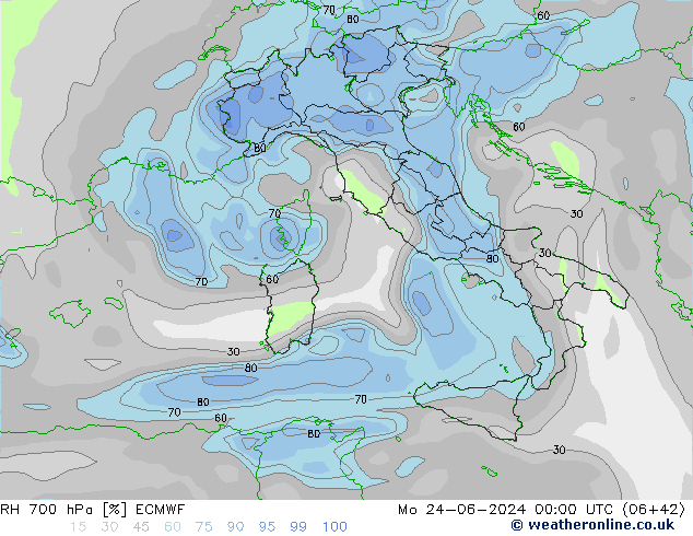 Humedad rel. 700hPa ECMWF lun 24.06.2024 00 UTC