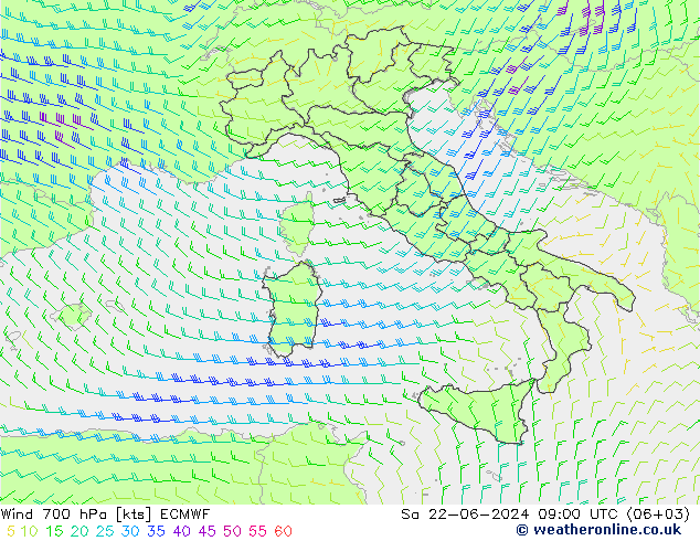 Wind 700 hPa ECMWF So 22.06.2024 09 UTC