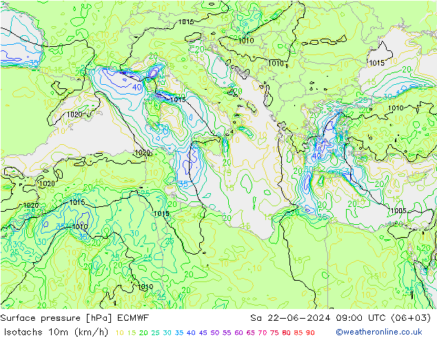 Isotachs (kph) ECMWF  22.06.2024 09 UTC