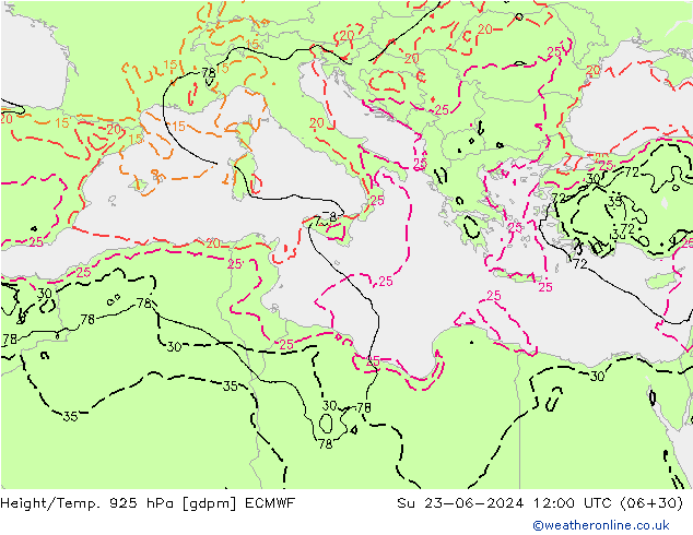 Geop./Temp. 925 hPa ECMWF dom 23.06.2024 12 UTC