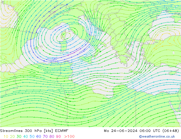 Linia prądu 300 hPa ECMWF pon. 24.06.2024 06 UTC