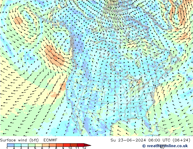 Surface wind (bft) ECMWF Su 23.06.2024 06 UTC