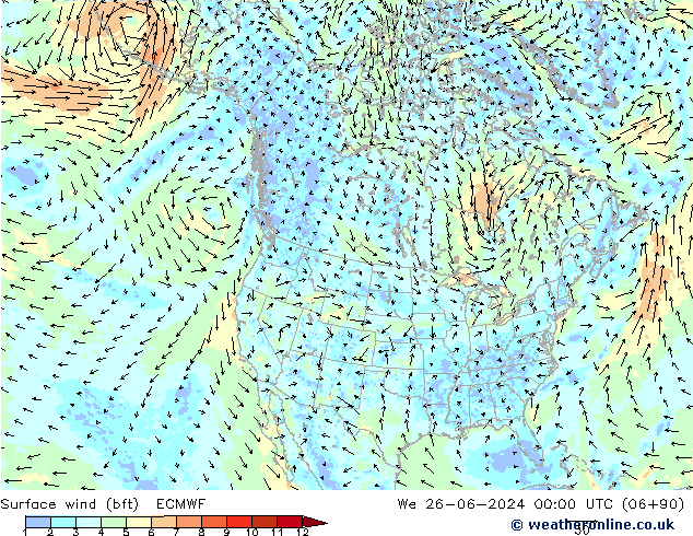 Vento 10 m (bft) ECMWF mer 26.06.2024 00 UTC