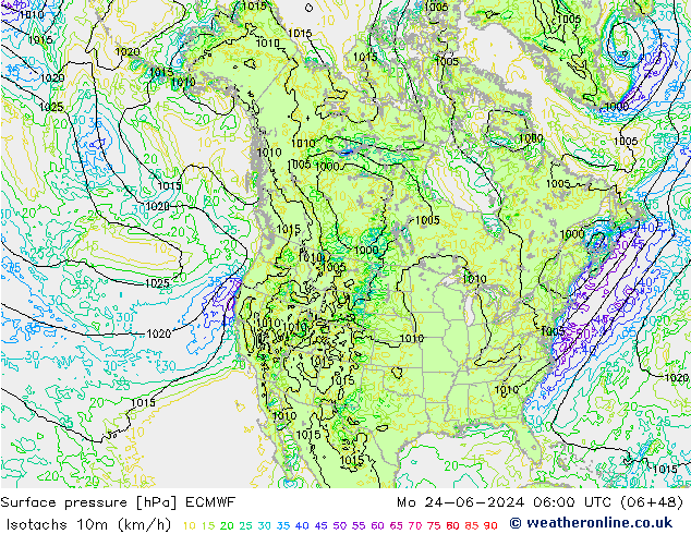 Isotachen (km/h) ECMWF Mo 24.06.2024 06 UTC