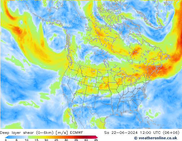 Deep layer shear (0-6km) ECMWF сб 22.06.2024 12 UTC