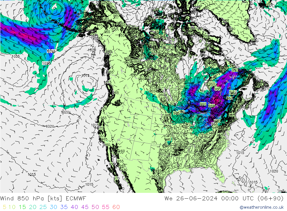 风 850 hPa ECMWF 星期三 26.06.2024 00 UTC