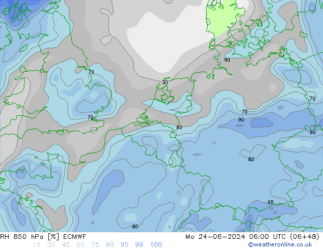 RH 850 hPa ECMWF lun 24.06.2024 06 UTC