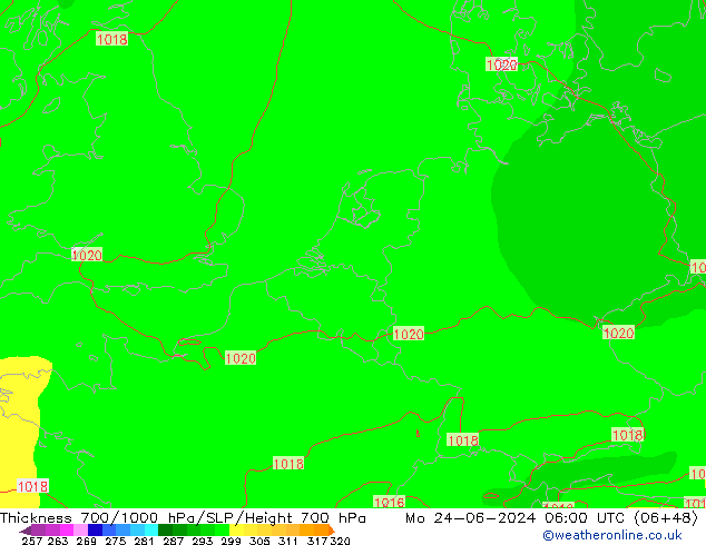 Espesor 700-1000 hPa ECMWF lun 24.06.2024 06 UTC