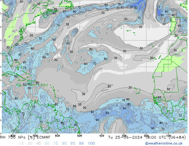 RH 700 hPa ECMWF wto. 25.06.2024 18 UTC