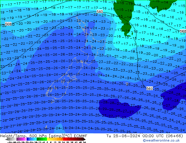 Z500/Rain (+SLP)/Z850 ECMWF Tu 25.06.2024 00 UTC