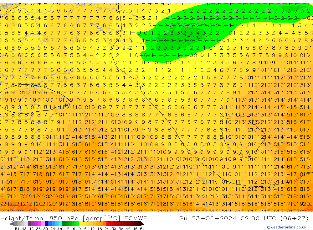 Geop./Temp. 850 hPa ECMWF dom 23.06.2024 09 UTC