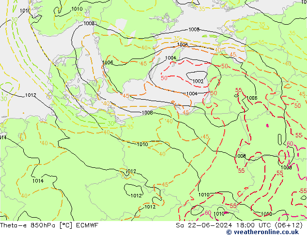 Theta-e 850hPa ECMWF Cts 22.06.2024 18 UTC