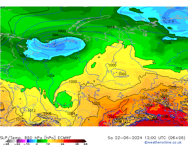 SLP/Temp. 850 hPa ECMWF za 22.06.2024 12 UTC