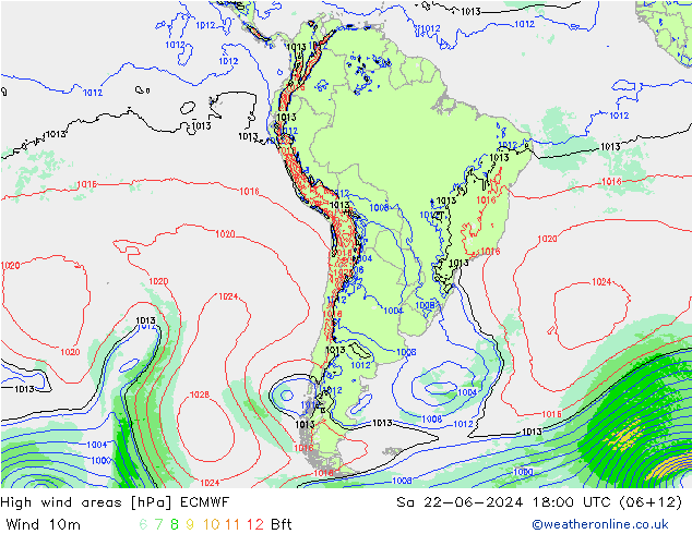 High wind areas ECMWF  22.06.2024 18 UTC