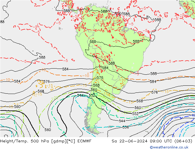 Height/Temp. 500 hPa ECMWF Sa 22.06.2024 09 UTC