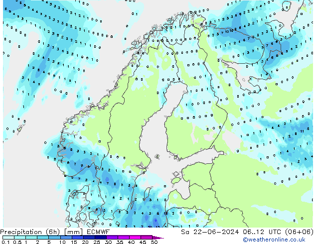 Precipitation (6h) ECMWF Sa 22.06.2024 12 UTC