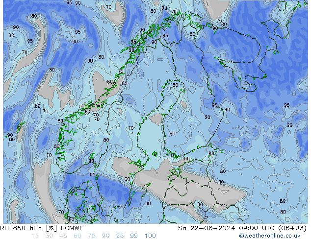 Humidité rel. 850 hPa ECMWF sam 22.06.2024 09 UTC