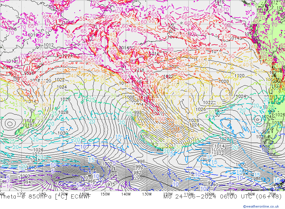 Theta-e 850hPa ECMWF lun 24.06.2024 06 UTC