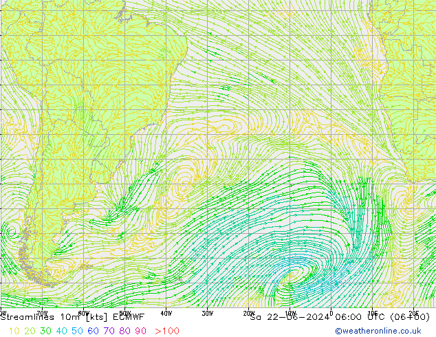 Linia prądu 10m ECMWF so. 22.06.2024 06 UTC