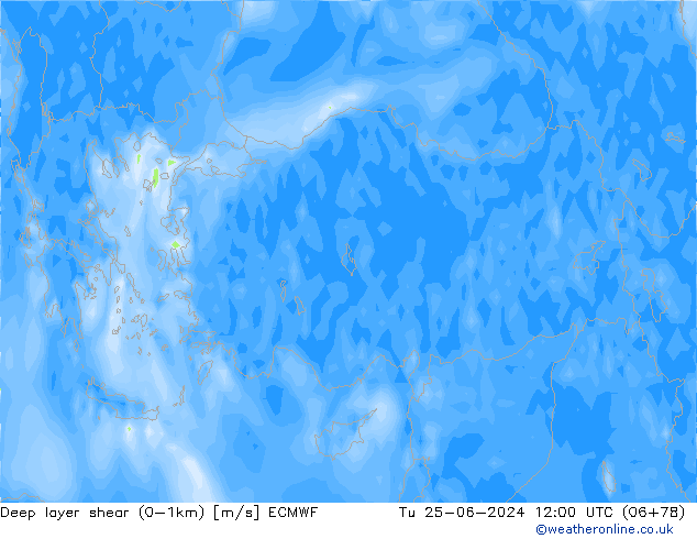 Deep layer shear (0-1km) ECMWF Tu 25.06.2024 12 UTC