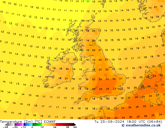 Temperatuurkaart (2m) ECMWF di 25.06.2024 18 UTC