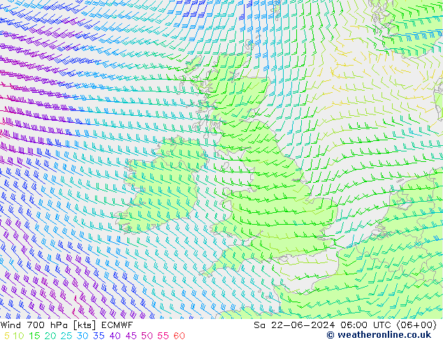 Wind 700 hPa ECMWF Sa 22.06.2024 06 UTC