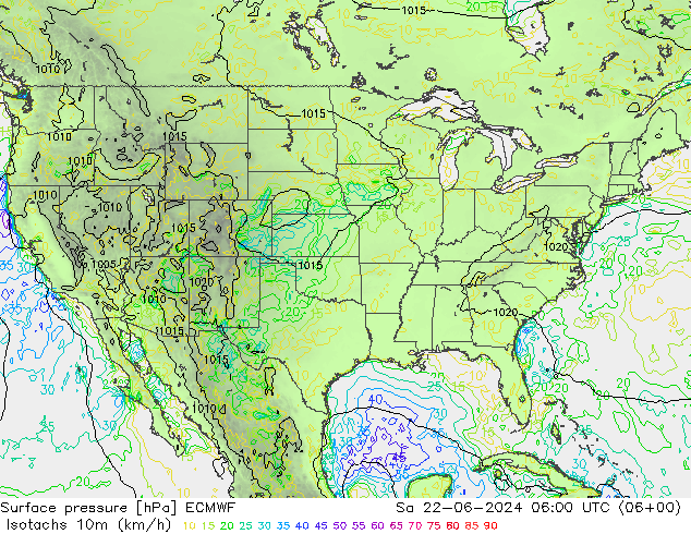 Isotachs (kph) ECMWF So 22.06.2024 06 UTC