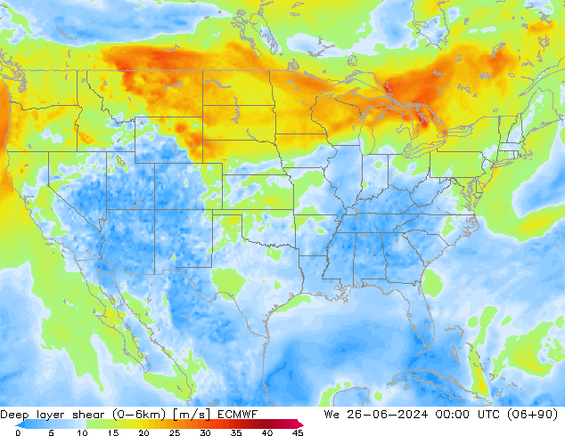 Deep layer shear (0-6km) ECMWF St 26.06.2024 00 UTC