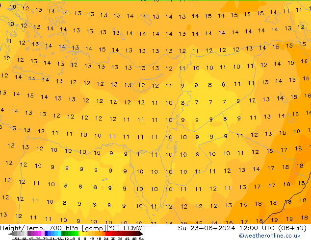 Height/Temp. 700 гПа ECMWF Вс 23.06.2024 12 UTC