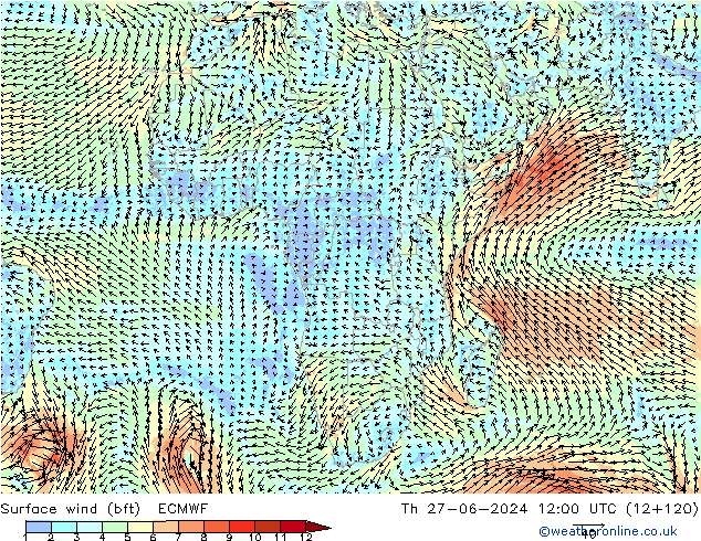 Surface wind (bft) ECMWF Čt 27.06.2024 12 UTC