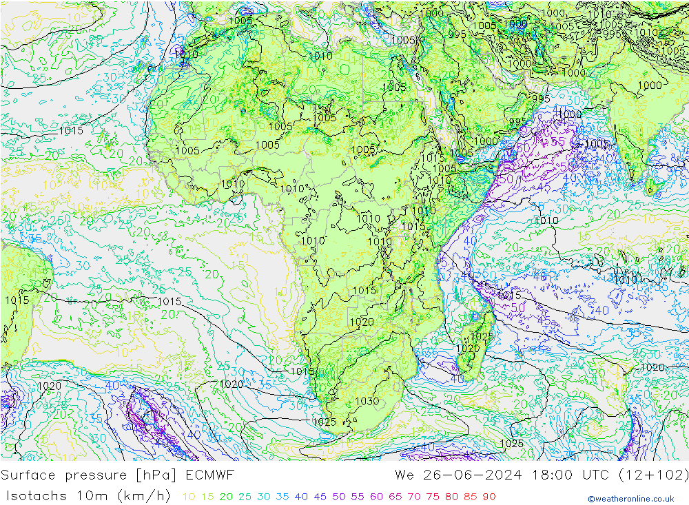 Isotachs (kph) ECMWF  26.06.2024 18 UTC