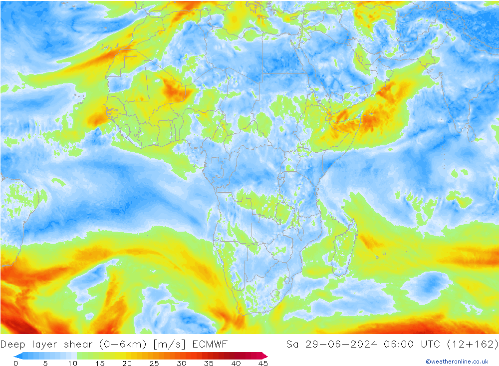 Deep layer shear (0-6km) ECMWF So 29.06.2024 06 UTC