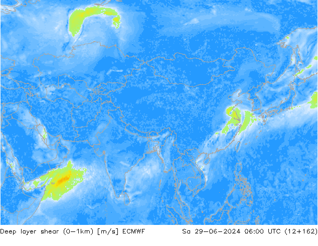 Deep layer shear (0-1km) ECMWF za 29.06.2024 06 UTC