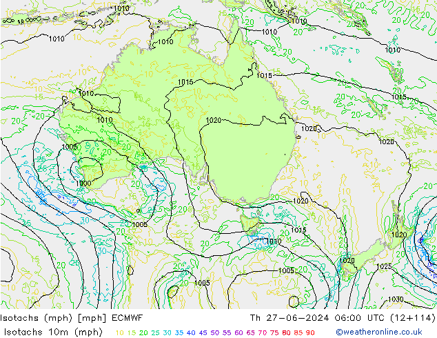 Isotaca (mph) ECMWF jue 27.06.2024 06 UTC