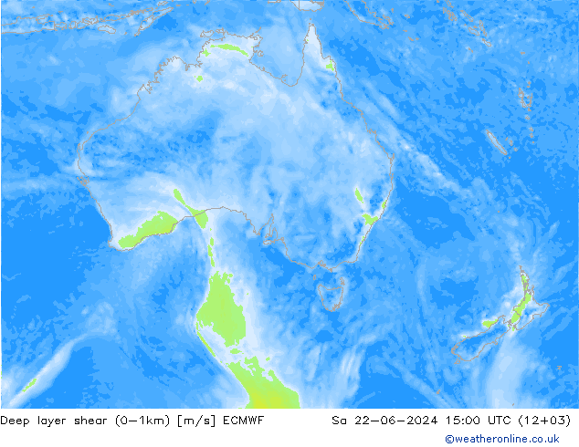 Deep layer shear (0-1km) ECMWF Sa 22.06.2024 15 UTC