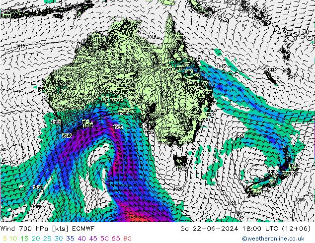 wiatr 700 hPa ECMWF so. 22.06.2024 18 UTC