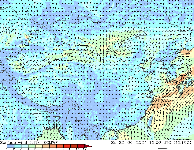 �N 10 米 (bft) ECMWF 星期六 22.06.2024 15 UTC