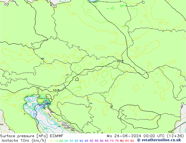 Isotachs (kph) ECMWF пн 24.06.2024 00 UTC