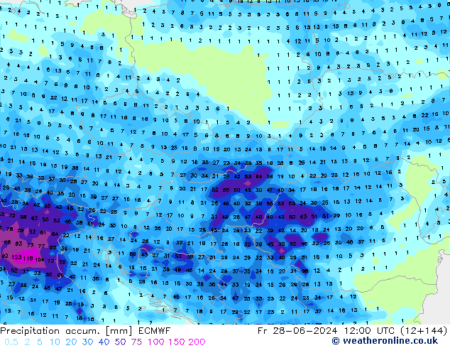 Nied. akkumuliert ECMWF Fr 28.06.2024 12 UTC