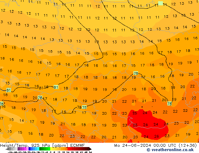 Height/Temp. 925 hPa ECMWF Mo 24.06.2024 00 UTC