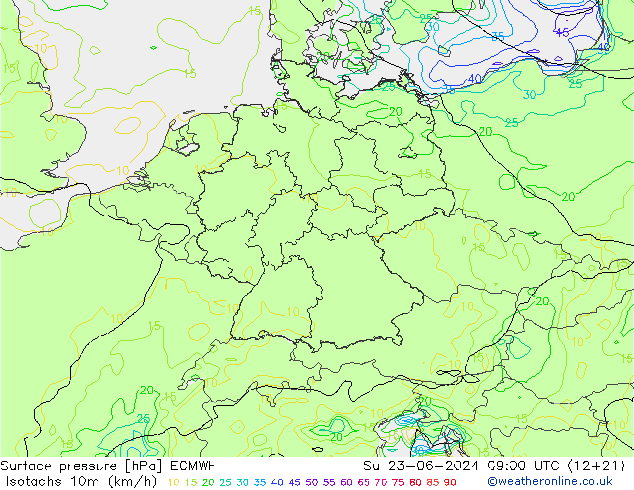 Isotachs (kph) ECMWF Su 23.06.2024 09 UTC